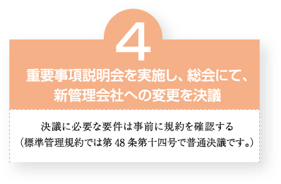 4 重要事項説明会を実施し、総会にて、新管理会社への変更を決議 決議に必要な要件は事前に規約を確認する（標準管理規約では第48条第十四号で普通決議です。）